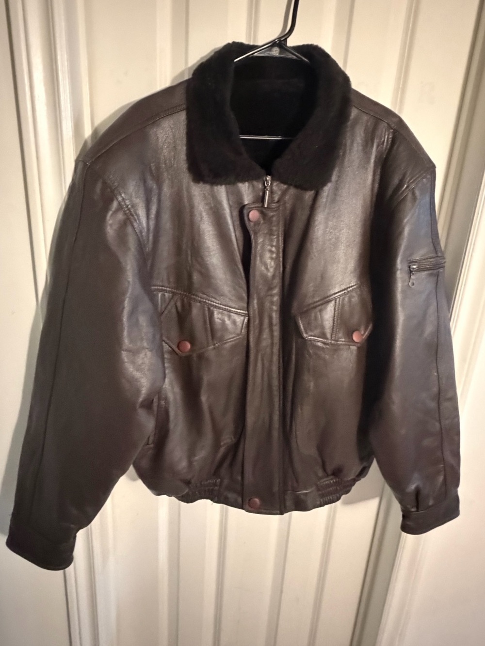 Men's Brown Leather Bomber Jacket with Shearling Collar